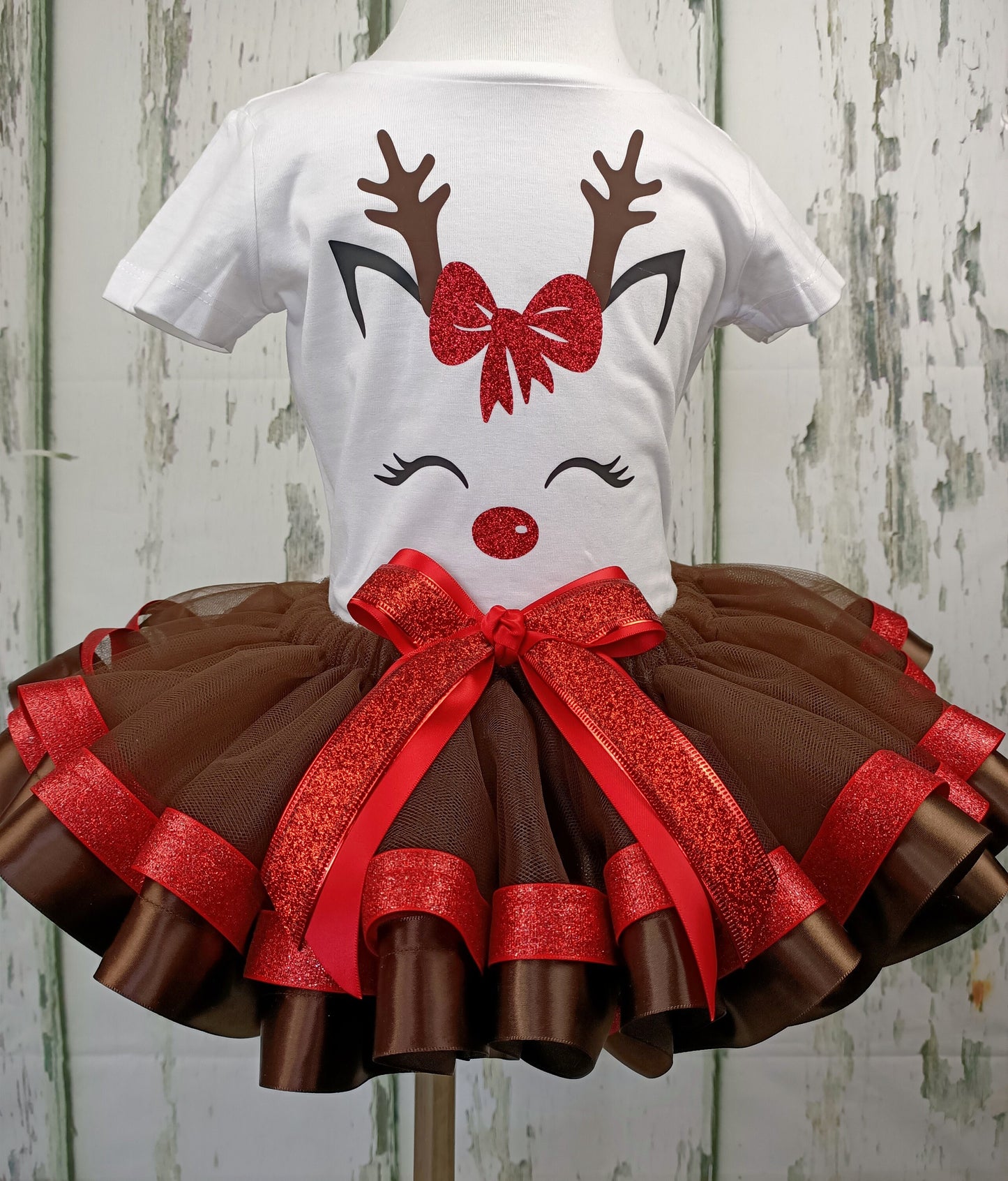Reindeer T Shirt & Ribbon Trim Tutu - Christmas Xmas Handmade Toddler Kids Baby Birthday Cake Smash