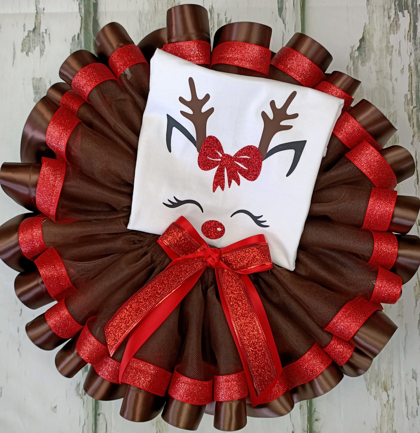 Reindeer T Shirt & Ribbon Trim Tutu - Christmas Xmas Handmade Toddler Kids Baby Birthday Cake Smash
