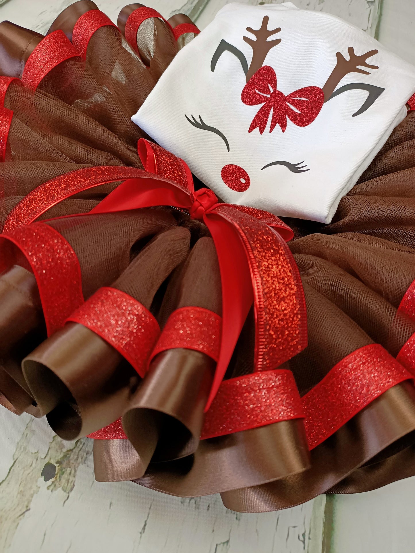 Reindeer T Shirt & Ribbon Trim Tutu - Christmas Xmas Handmade Toddler Kids Baby Birthday Cake Smash