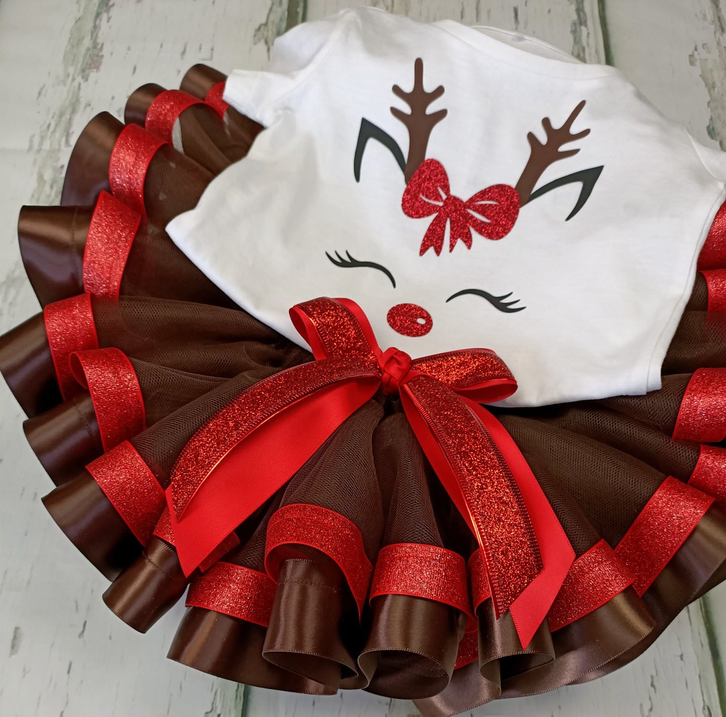 Reindeer T Shirt & Ribbon Trim Tutu - Christmas Xmas Handmade Toddler Kids Baby Birthday Cake Smash