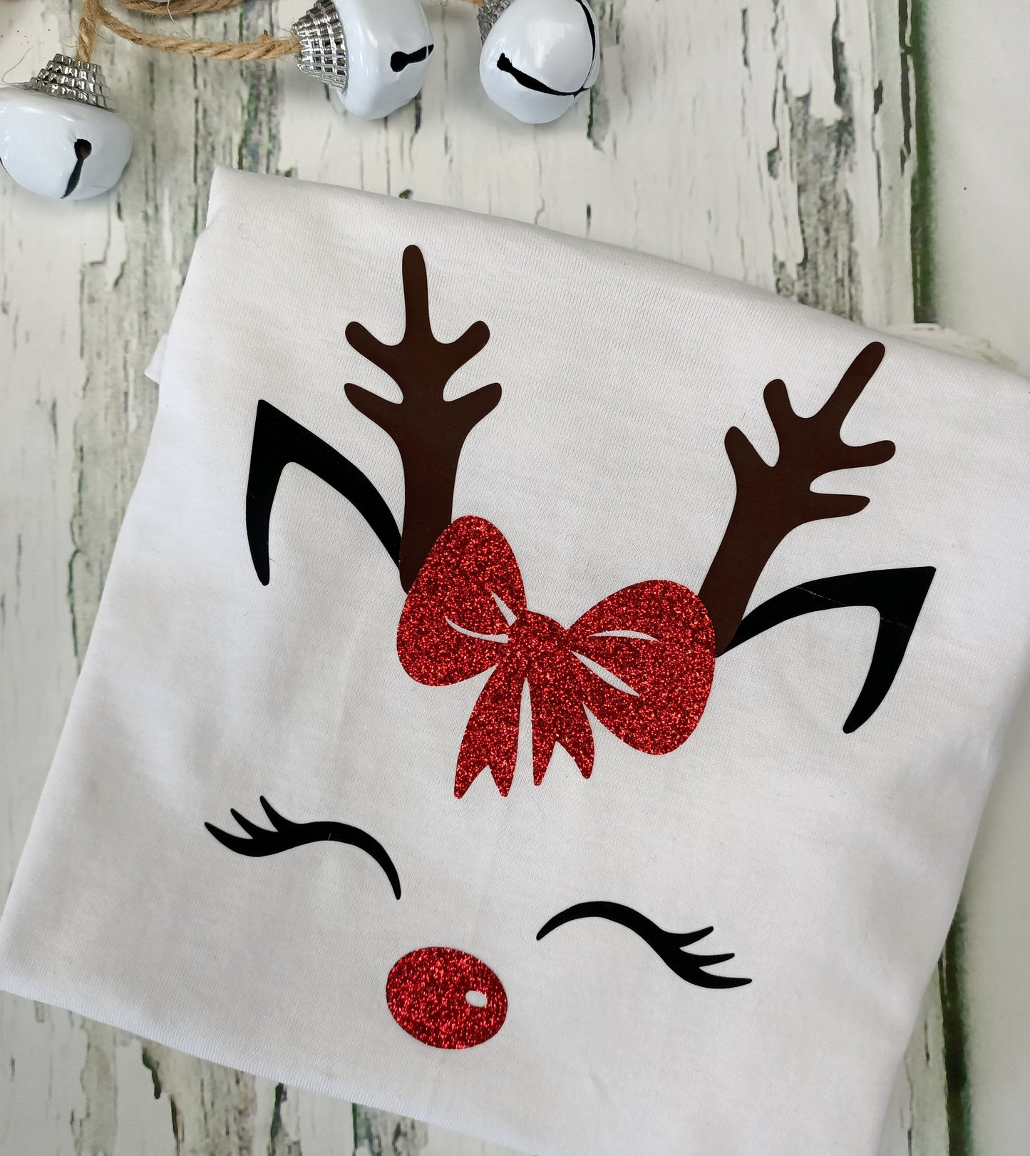 Christmas Custom Reindeer T Shirt - Custom Name Glitter Bow Xmas Handmade Toddler Kids Baby Girl