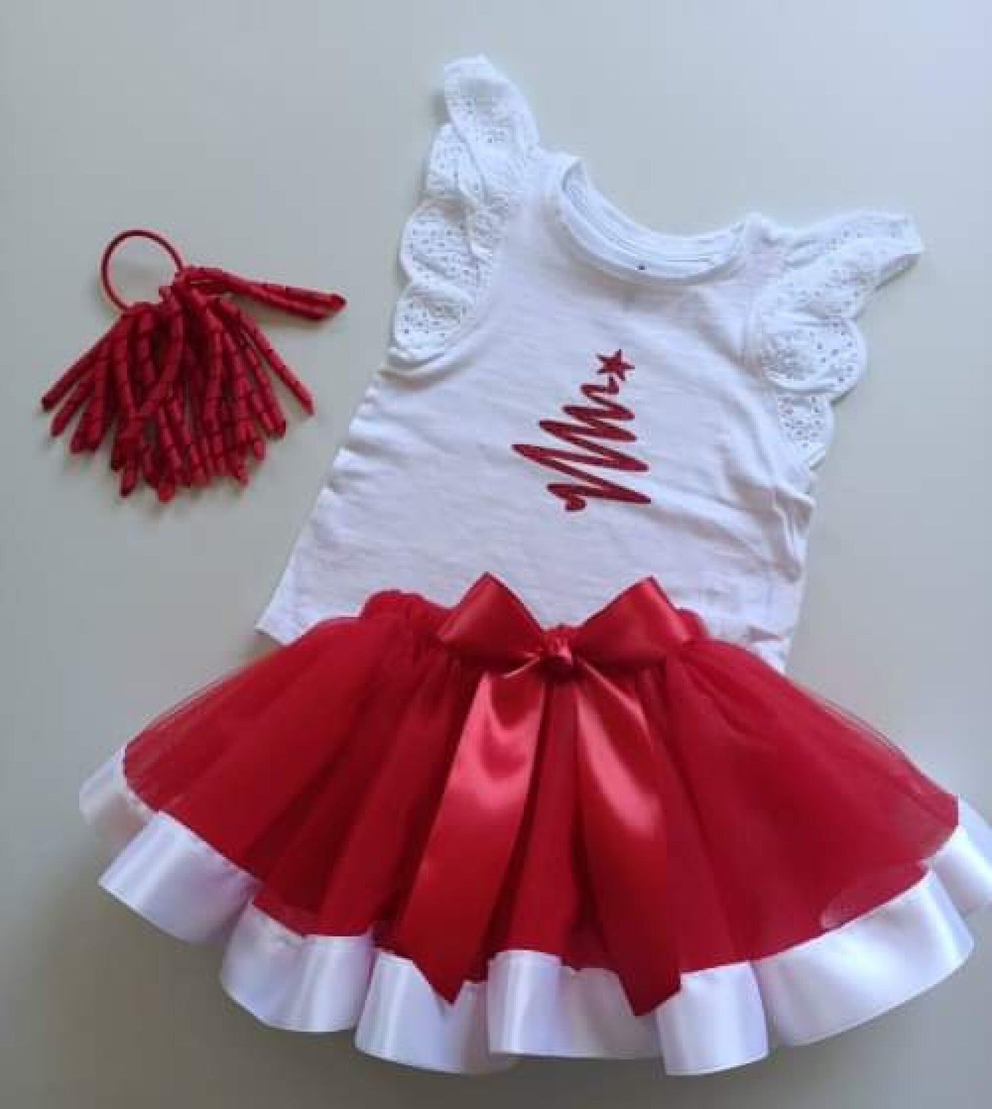 Christmas Xmas Tutu Tee Combo Red White Ribbon Trim - Handmade Toddler Kids Baby T-shirt T Shirt Top