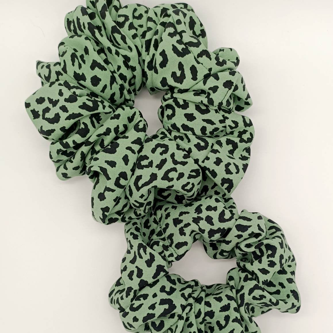 Green Leopard Scrunchie - XL and regular size cotton rayon thick elastic hair tie