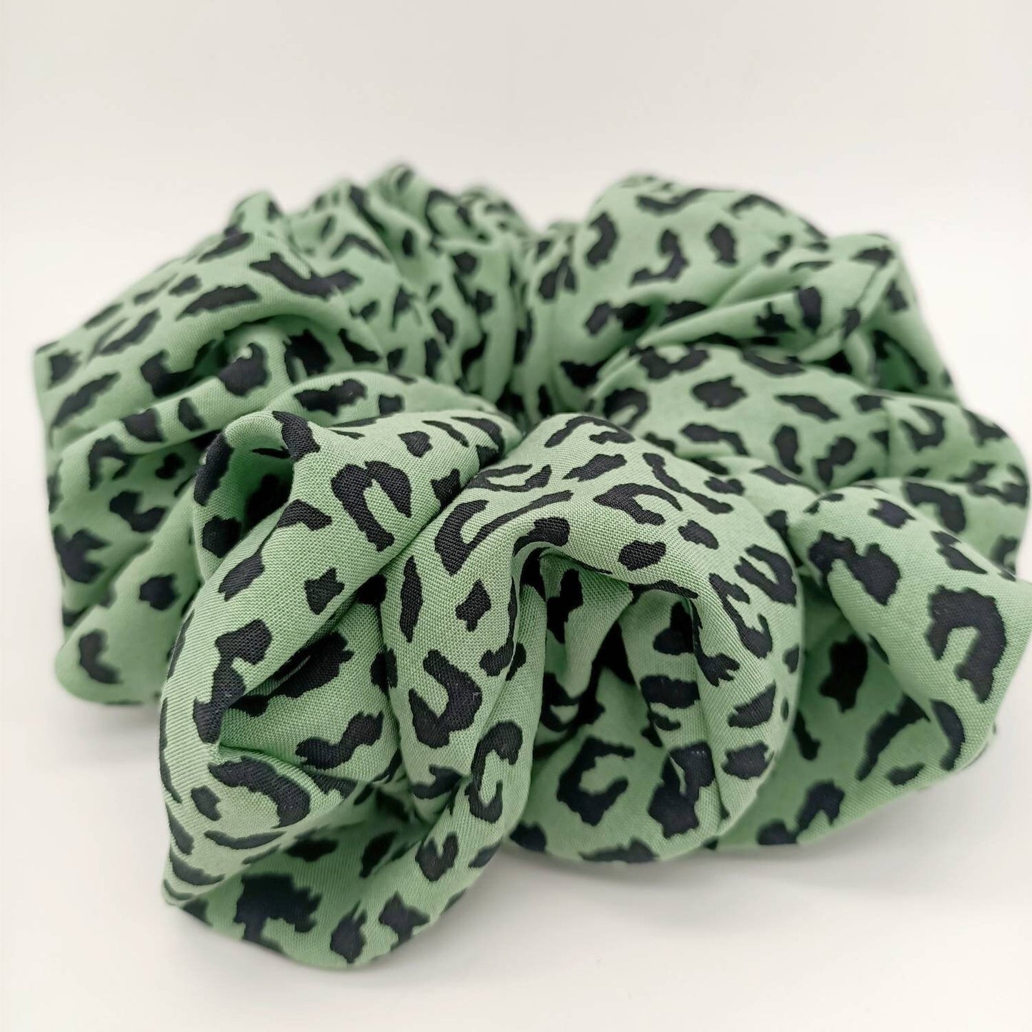 Green Leopard Scrunchie - XL and regular size cotton rayon thick elastic hair tie