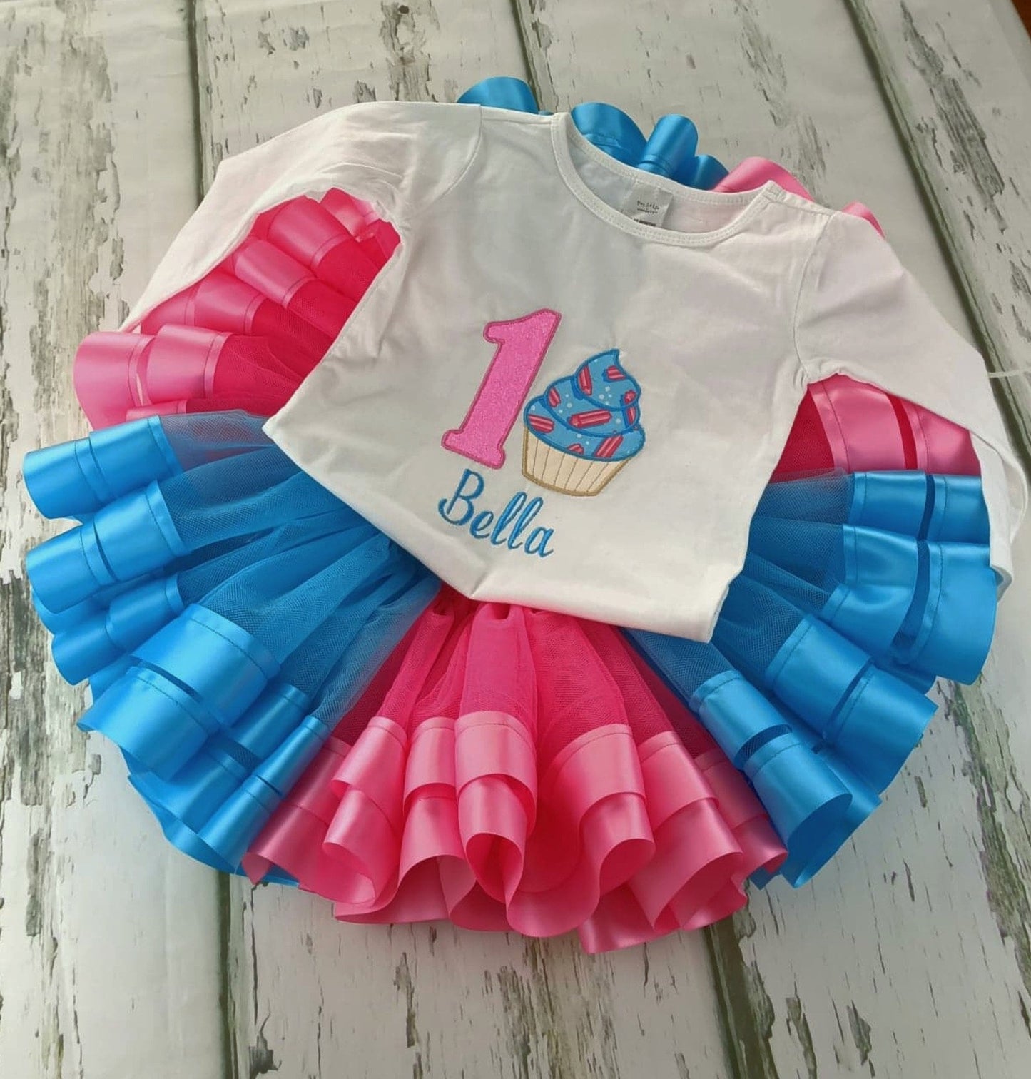 Number 1 Cupcake Birthday T Shirt & Double Ribbon Trim Tutu Set - Handmade Toddler Kids Baby Birthday Cake Smash