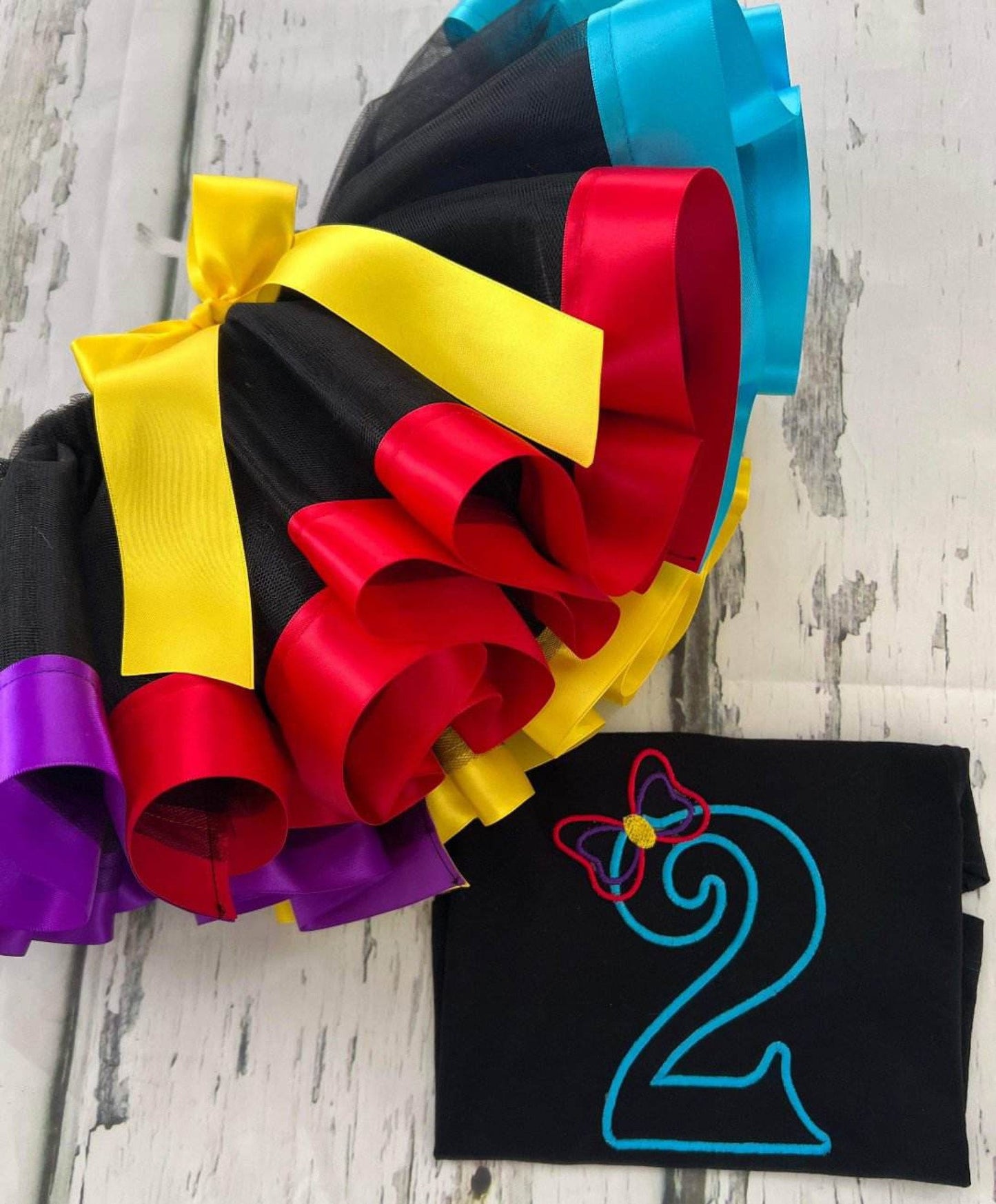 Birthday Wiggle Wiggles Custom Tutu Ribbon Trim with Matching Embroidered Tee - Handmade Toddler Kids Baby Birthday Cake Smash Evie Emma