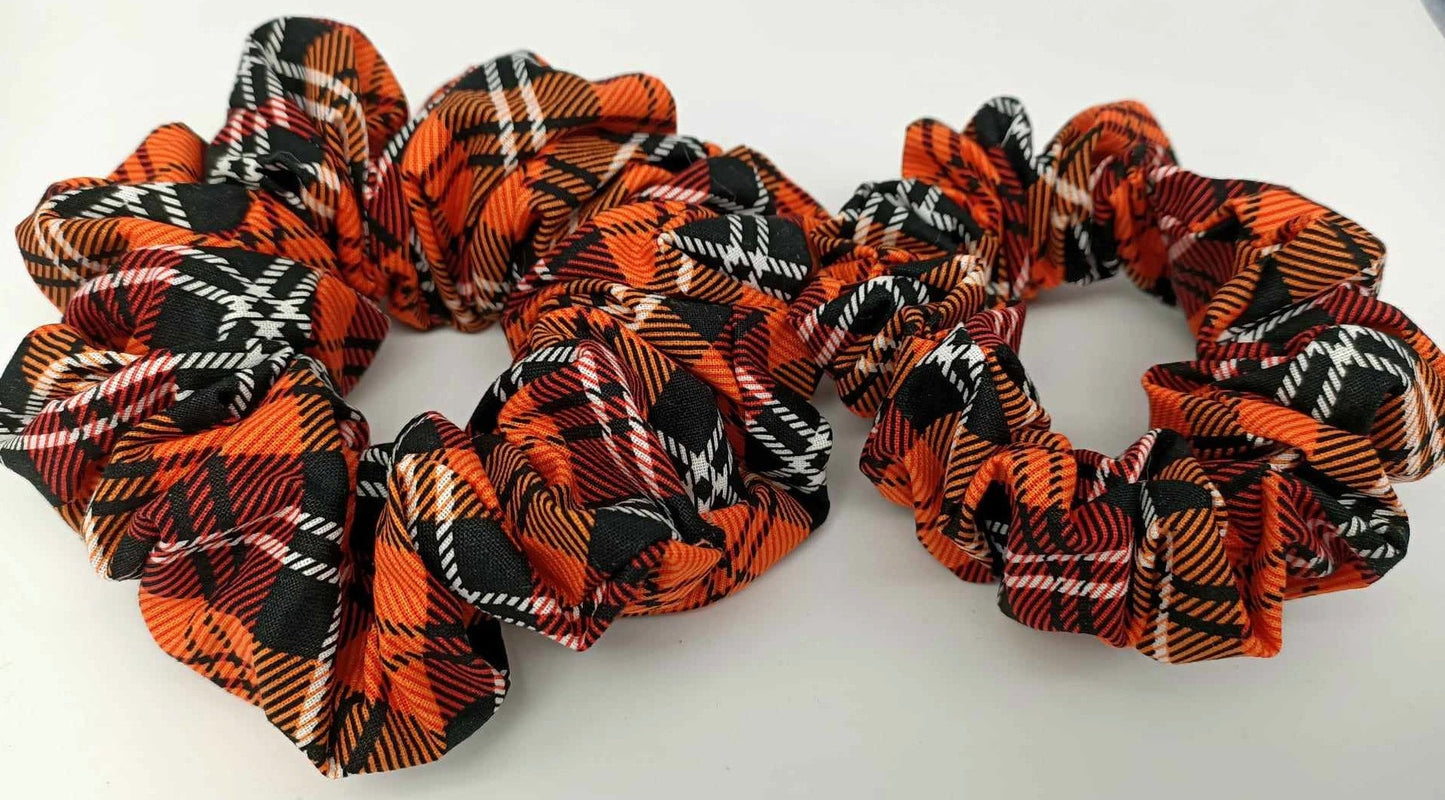 Halloween Scrunchie Orange Tartan XL or Regular Cotton Thick Elastic Hair Tie